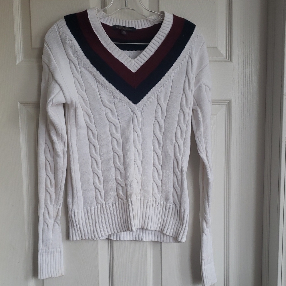 Brooks Brothers Cream and Burgundy V-Neck Sweater Read Description!